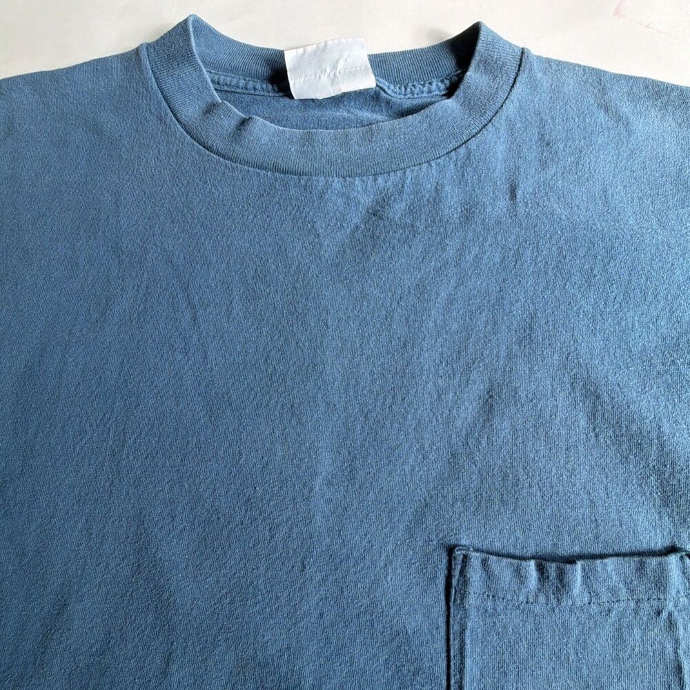 VTG 90s Discus Athletic Pocket T Shirt XL Blue Blank Sun Faded Grunge Crew Neck - Picture 13 of 16